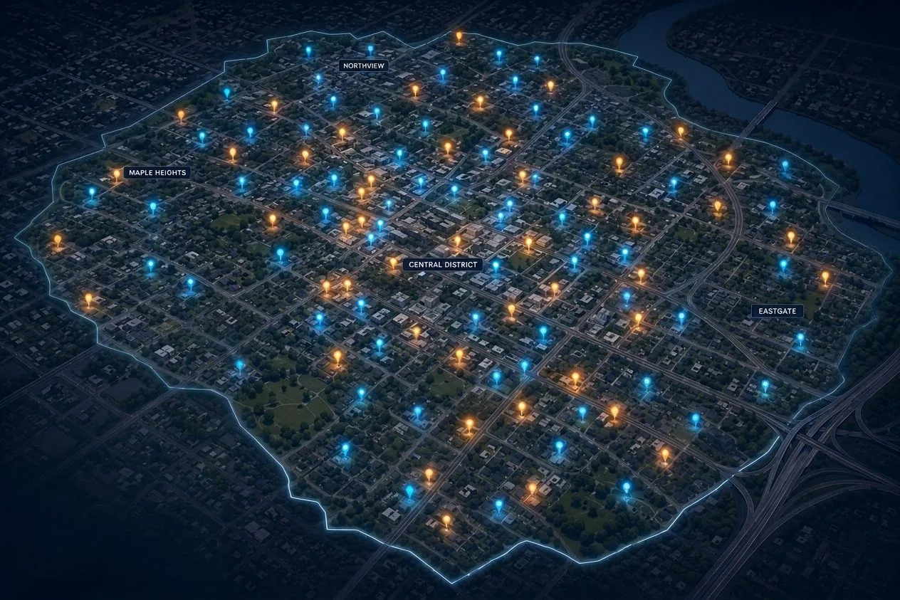 An aerial view of a local territory with glowing pins for each business owner in your audience.
